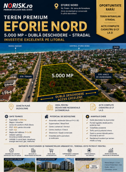 Teren 5.000 mp Eforie Nord | Dublă Deschidere | POT 50% | Ideal Investiție 