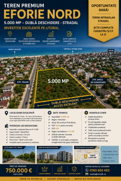 Teren 5.000 mp Eforie Nord | Dublă Deschidere | POT 40% | Ideal Investiție 