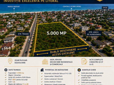 Teren 5.000 mp Eforie Nord | Dublă Deschidere | POT 50% | Ideal Investiție 